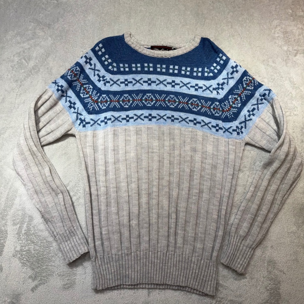 Vintage Nordic Fair‎ Isle Ribbed Light Crewneck Sweater Blue Tan 80s Retro Large